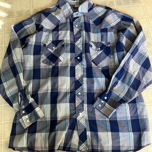 Wrangler Blue Pink Plaid Pearl Snap Western Shirt 17 17 1/2 XL Long Sleeve